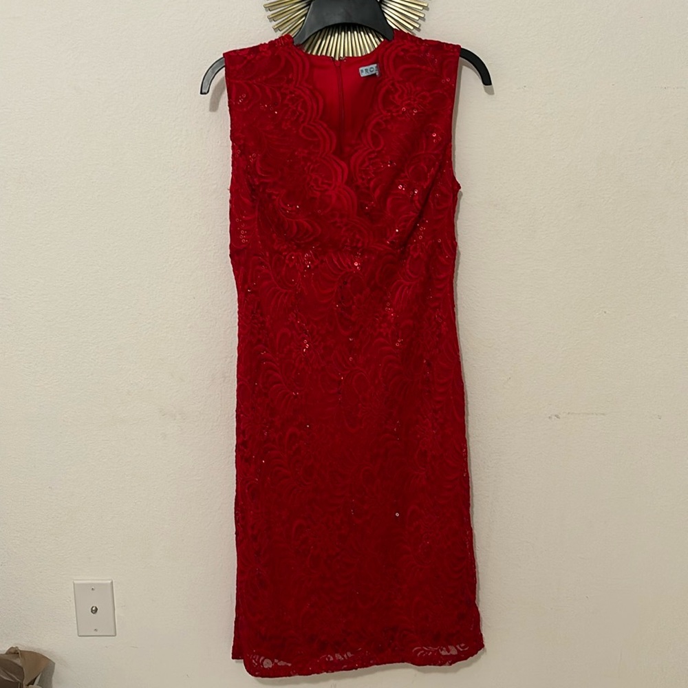 Red embellished dress; size 6